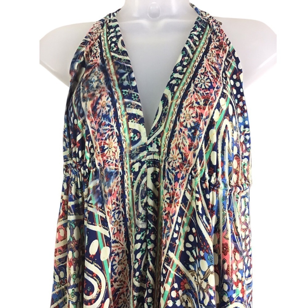 Bigg Bull Silk Boho Backless Halter Maxi Dress Green Blue Gold Metallic - Picture 2 of 13